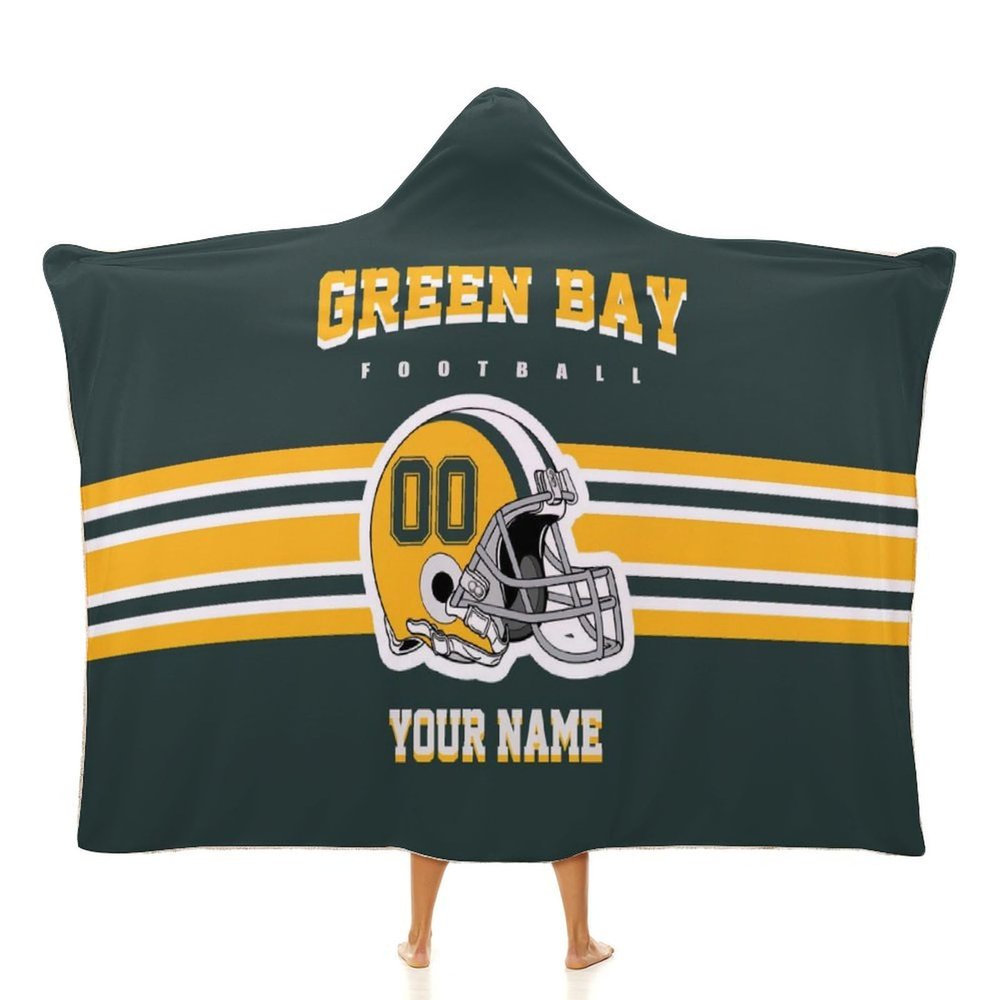 Custom Green Bay Hooded Blankets, Personalized Blanket Hoodie with Any Name and Number, Customized Football Style Wearable Flannel Blankets Gifts for Men Women Youth Fans