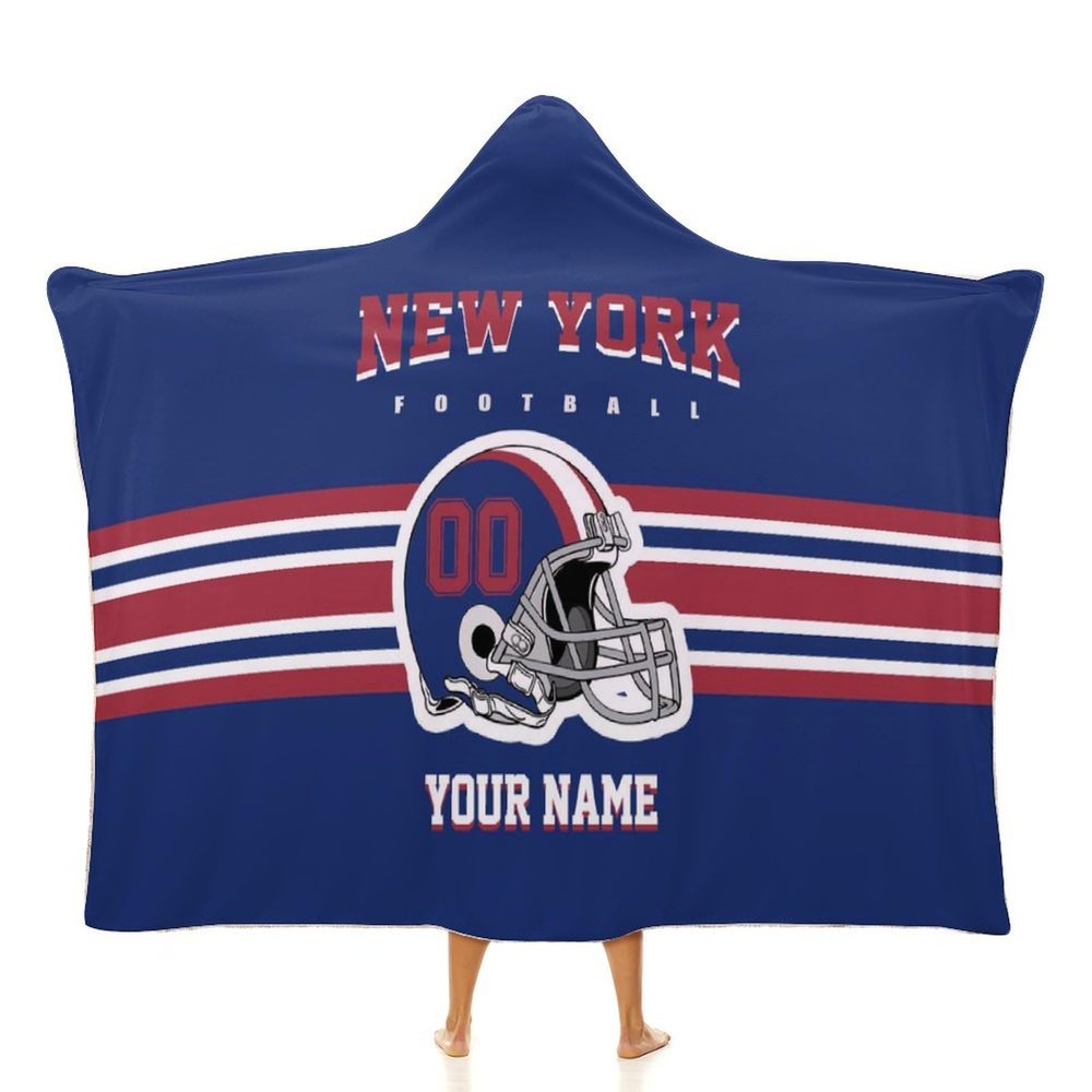 Custom New York Hooded Blankets, Personalized Blanket Hoodie with Any Name and Number, Customized Football Style Wearable Flannel Blankets Gifts for Men Women Youth Fans