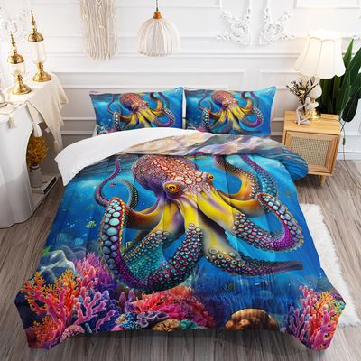 XYNHML 3D Octopus Comforter Set Twin Size 3Pcs Nautical Ocean Bedding Set Seaweed Quilt Bed Set for Boys Girls with 1 Comforter and 2 Pillowcases