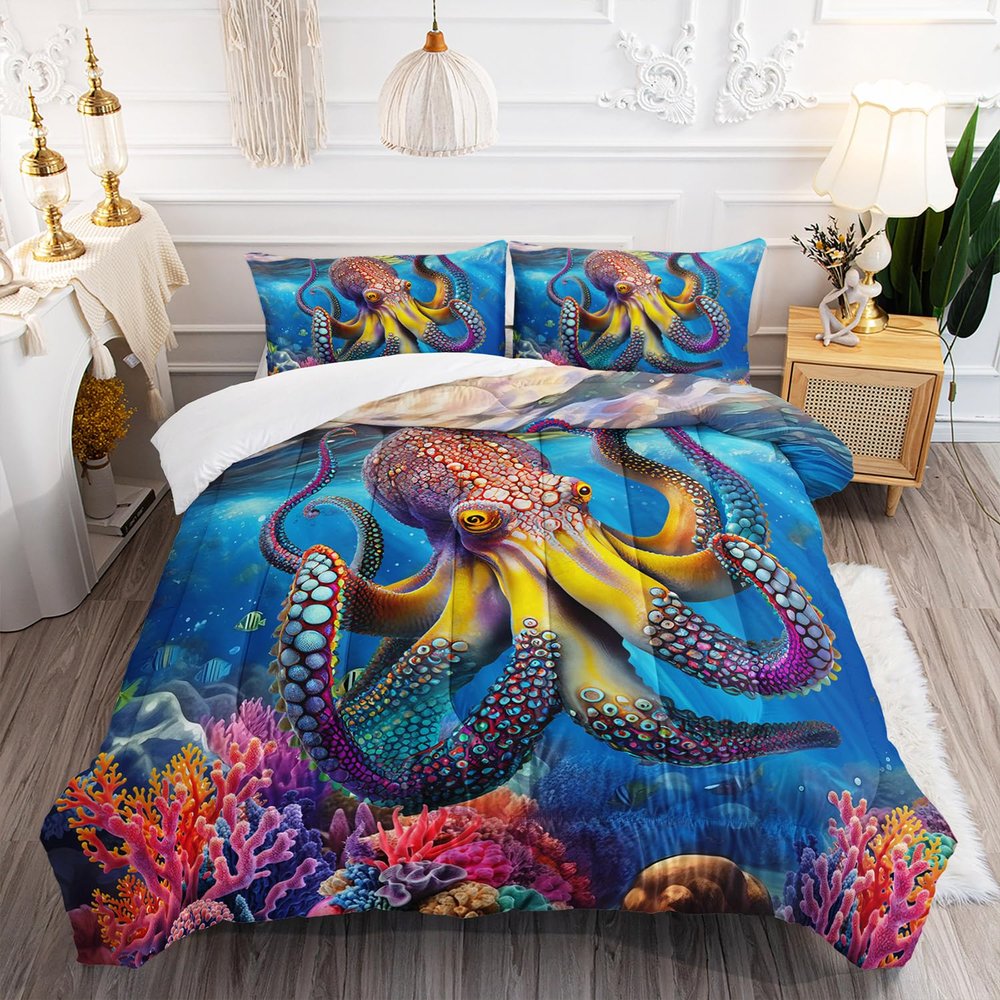 XYNHML 3D Octopus Comforter Set Twin Size 3Pcs Nautical Ocean Bedding Set Seaweed Quilt Bed Set for Boys Girls with 1 Comforter and 2 Pillowcases