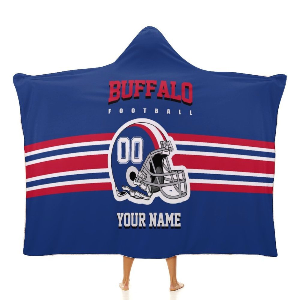 Custom Buffalo Hooded Blankets, Personalized Blanket Hoodie with Any Name and Number, Customized Football Style Wearable Flannel Blankets Gifts for Men Women Youth Fans