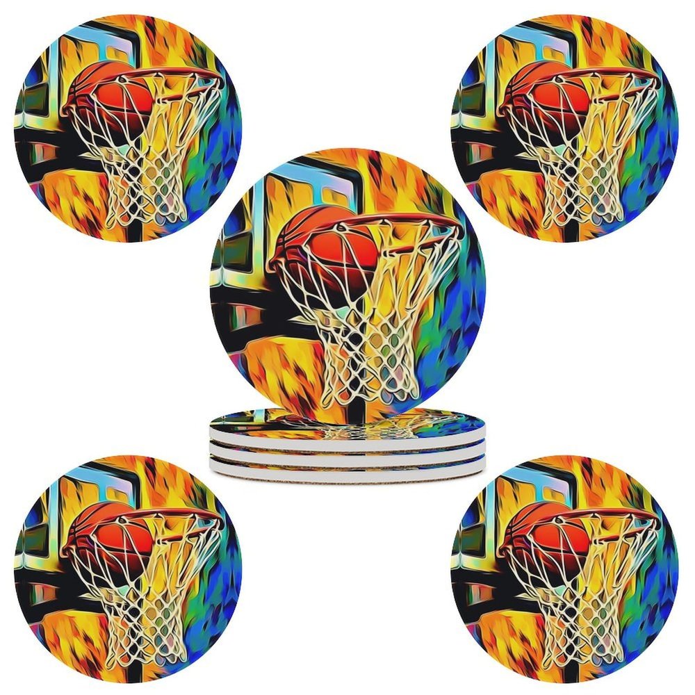 Coasters for Drinks, Absorbent Ceramic Stone Coasters Set of 4 Cork Base Psychedelic Graphic Basketball Cups Table Mats for Home Decor
