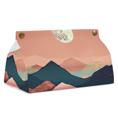 Mountains Moon Tissue Box Cover, PU Leather Rectangular Tissue Box Case Organizer Holder Vanity Dresser Night Stand Table Countertop Home Office Car 7.7X4.7X4.3''