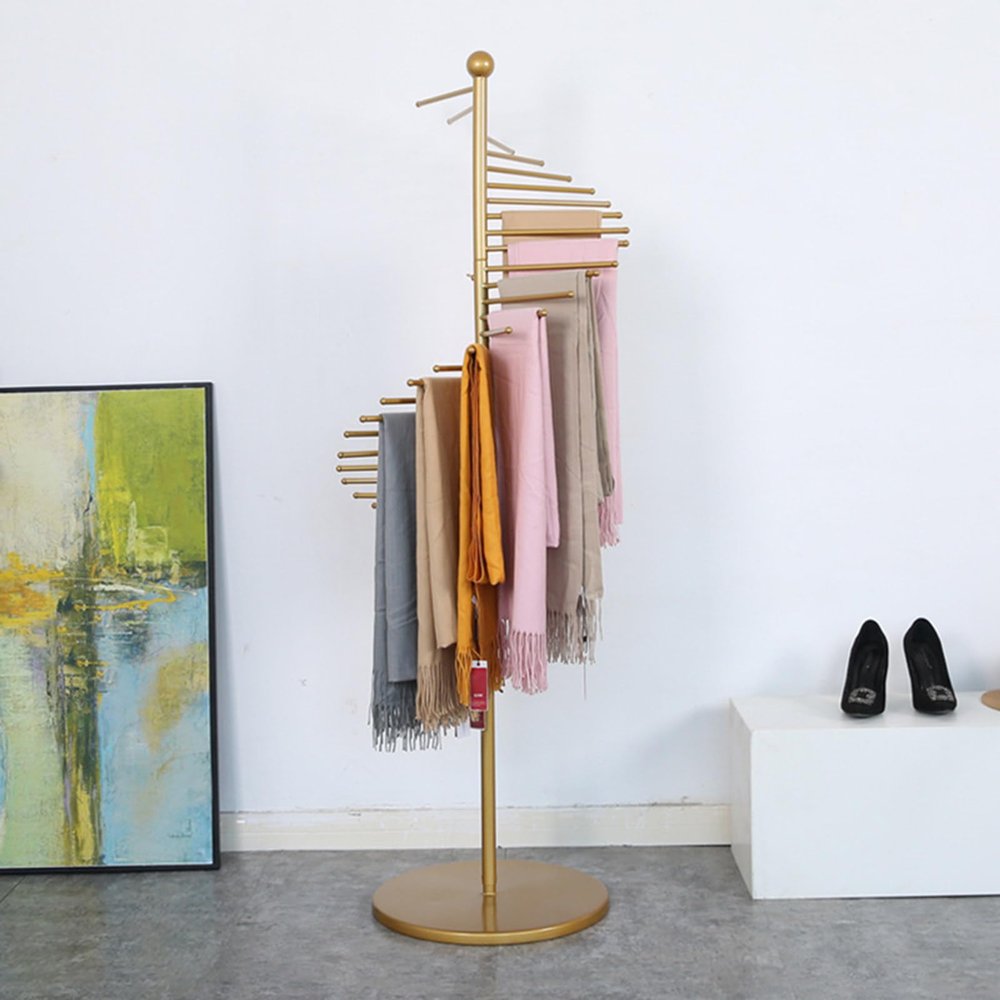 ZXSYYDS Spiral Clothing Rack for Scarf Display, Metal Scarf Rack, Silk Scarves Hanging Rack,Garment Rack Hanger For Shawl Hijab Silk Pants,Freestanding Design,Gold-150cm
