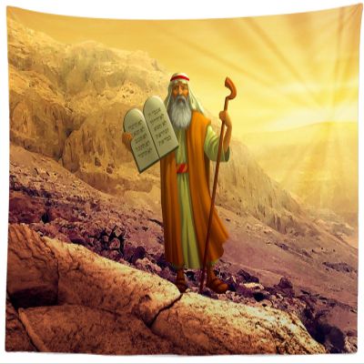 CORFOTO 70x47 Inch Fabric Moses Holding Ten Commandments Tablets Tapestry Moses in Mount Wall Hanging Israel Bible Story Tapestry for Bedroom Aesthetic Living Room College Dorm Decor