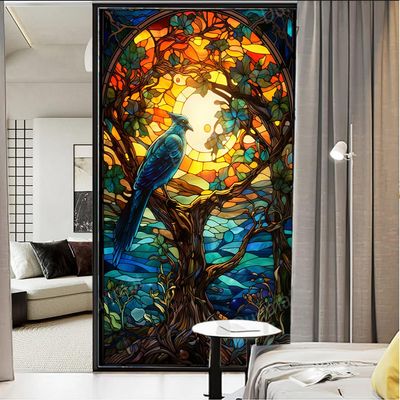 SOPIYRIO Fun Bird Stained Glass Window Film Fantasy Tree Blue Animals Privacy Window Film Non-Adhesive Glass Film Decorative Static Cling Film for Home Office 23.6Wx35.4L inch