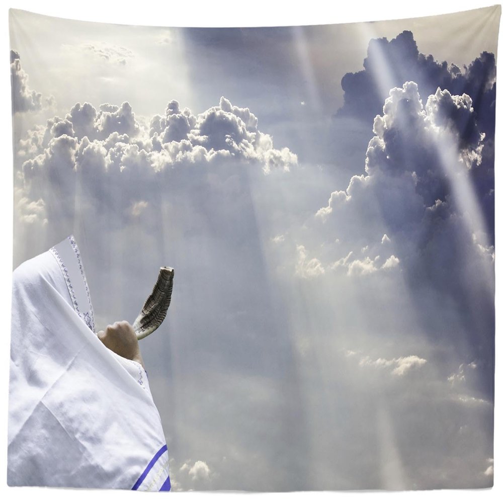 CORFOTO 117x98 Inch Fabric Jewish Man Blowing Shofar Horn Tapestry White Tallit Man Rosh Hashanah White Cloud Wall Hanging Judaism New Year Jew Tapestry for Bedroom Living Room College Dorm Decor