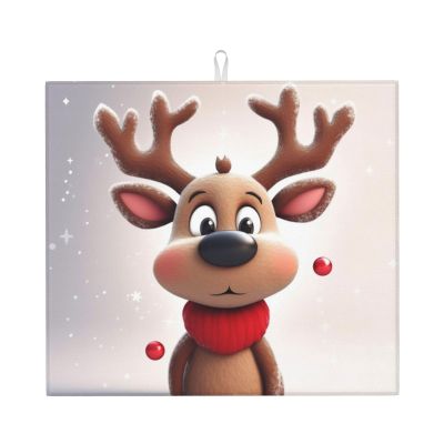 Dish Drying Mat for Kitchen Counter, Absorbent Microfiber Drainer Mats, Non-slip Kitchen Draining Mat for Coffee Machine Dish Rack Pad 18"x16" Cute Xmas Reindeer Dish Drainer Pad