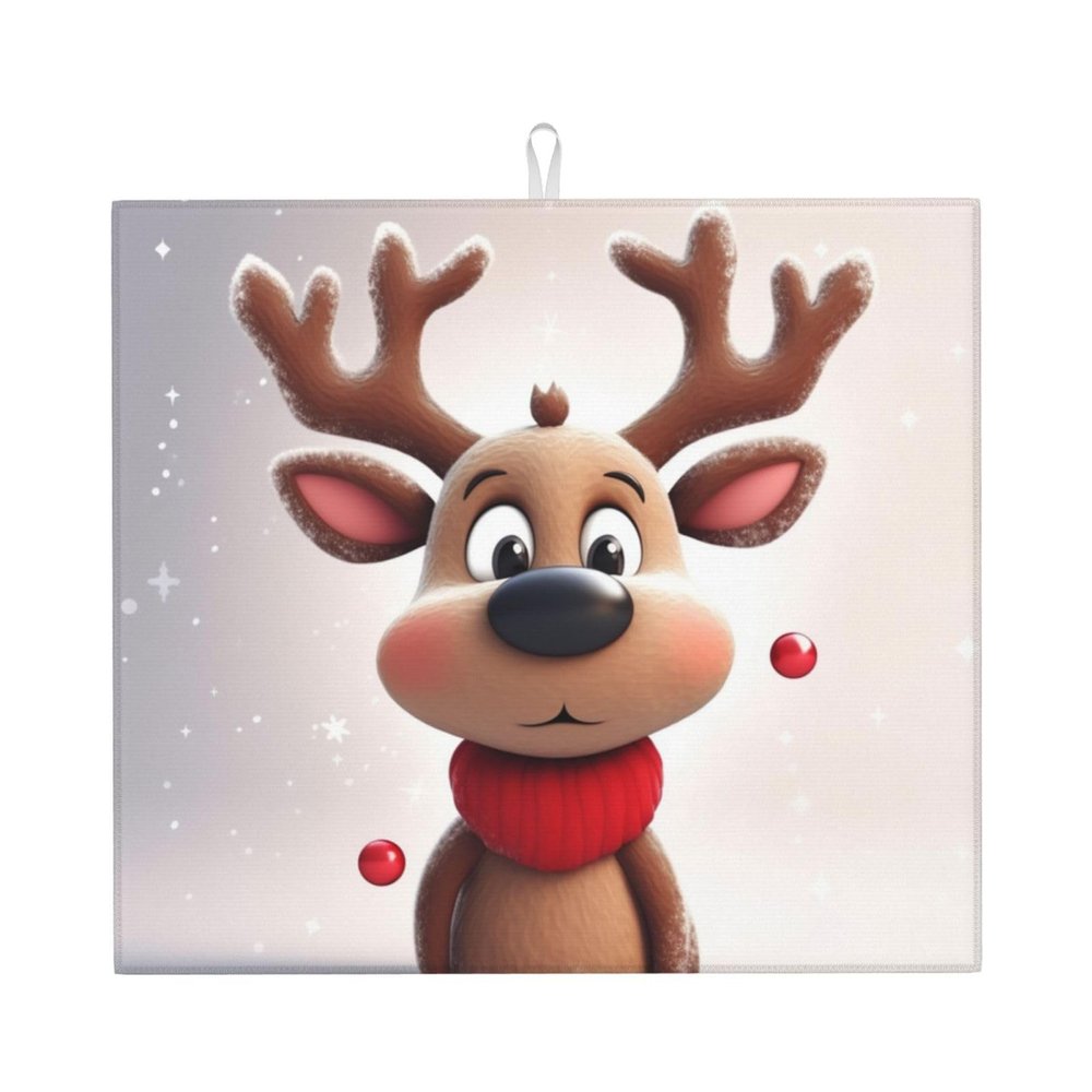 Dish Drying Mat for Kitchen Counter, Absorbent Microfiber Drainer Mats, Non-slip Kitchen Draining Mat for Coffee Machine Dish Rack Pad 18"x16" Cute Xmas Reindeer Dish Drainer Pad