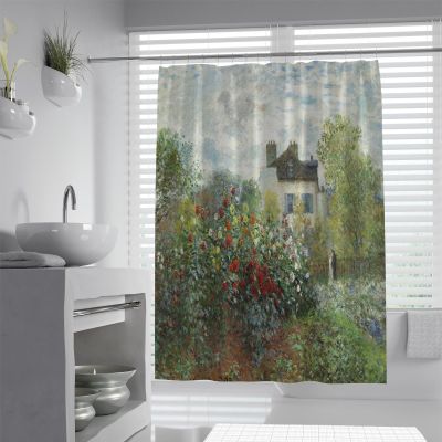 FLLIEEPUO Aesthetic Rustic Green Curtain for Women Kids Monet Bathroom Curtains Country Garden Red Floral Scenery Fabric Curtain Liner 60Wx72L(in)