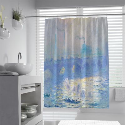 FLLIEEPUO Seaside Landscape Shower Curtain Monet Impressionist Blue Bathroom Curtains with Hooks Waterproof Soft Bath Curtain Liner 78Wx78L(in), Yellow