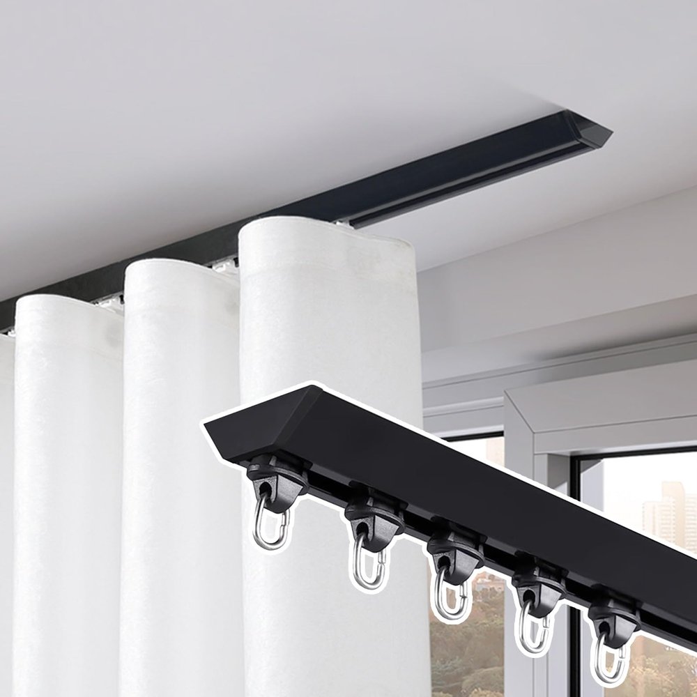 BBHW Ceiling Mount Curtain Track, Heavy Duty Single Curtain Rods, Curtain Pole for Window/Shower/Partition, Elegant Room Divider Track System (Color : Black, Size : 2.2m (7.2ft))