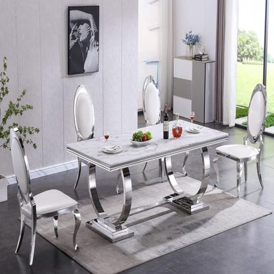 Goujxcy Modern 5-Piece Dining Table Set, 70" Faux Marble Rectangle Dining Room Table with 4 Leather Chairs