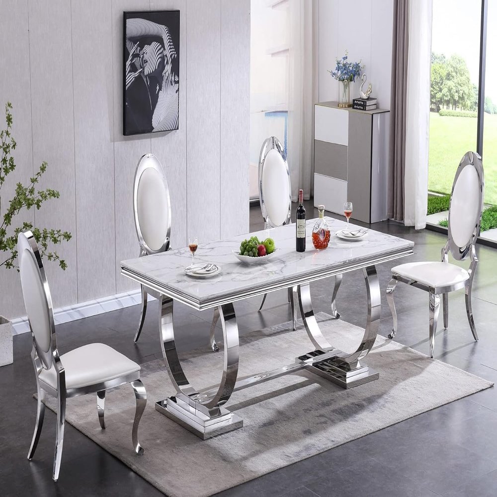Goujxcy Modern 5-Piece Dining Table Set, 70" Faux Marble Rectangle Dining Room Table with 4 Leather Chairs