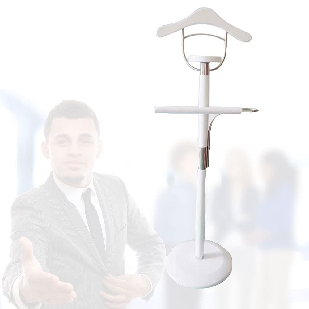 JOuan Coat Rack, Freestanding Clothes Valet Stand Solid Wood Standing Suit Hange Valet Stand Round Storage Tray and L-shaped Hanger Unisex Metal and Wood Mute 138 x 35CM