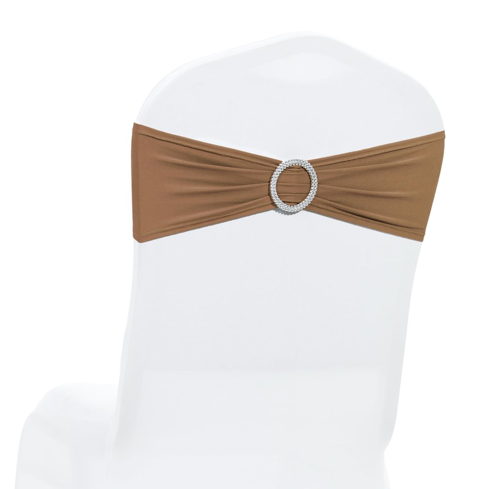 MDS Pack of 25 Spandex Chair Sashes Bow Premium Stretch Chair Cover Band with Buckle Slider Universal fits Elastic Stretch Chair Ties for Wedding Party Banquet Events Decoration - Mocha
