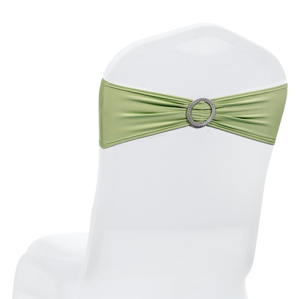 MDS Pack of 75 Spandex Chair Sashes Bow Premium Stretch Chair Cover Band with Buckle Slider Universal fits Elastic Dining Chair Ties for Wedding Party Banquet Events Decoration - Sage Green
