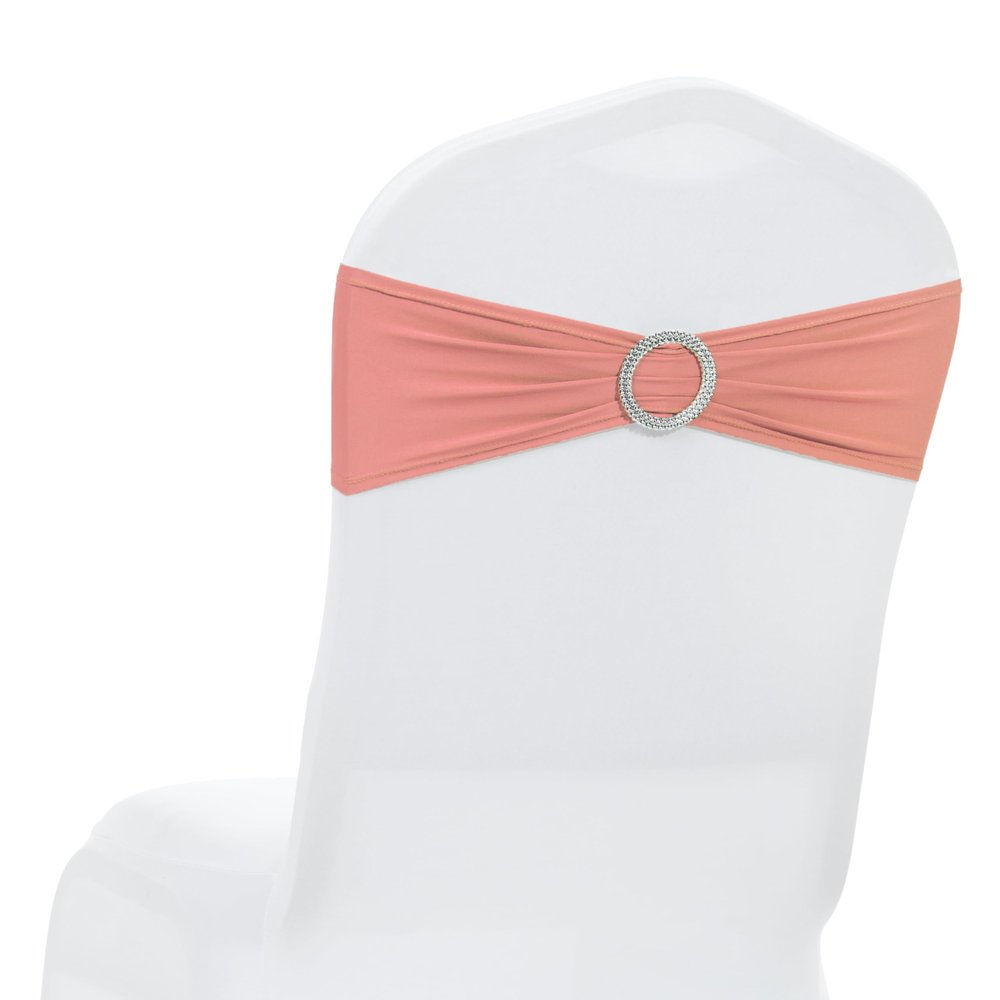 MDS Pack of 200 Spandex Chair Sashes Bows Universal fits Elastic Stretch Chair Bands Ties with Buckle Slider Bow for Wedding Decoration Spandex Slider Sashes Bow - Coral Peach
