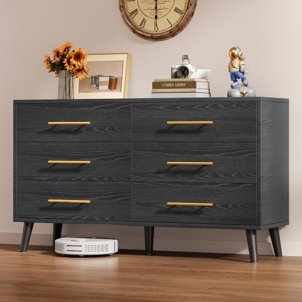 Aiho 6 Drawer Dresser for Bedroom, Chest of Drawers with Silent Gliding Slides  Metal Handles, Wood Storage Chest for Nursery, Living Room, Entryway, Black Dresser