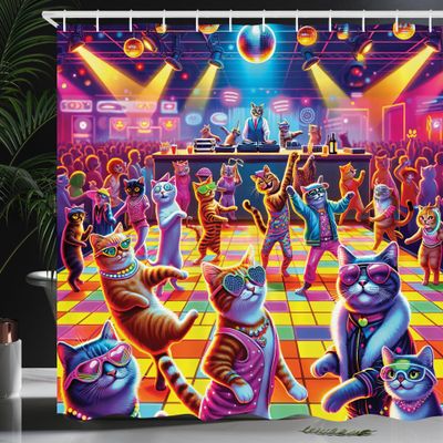 Ambesonne Cat Shower Curtain, Colorful Funny Kitty Disco Dance Stage DJ in Groovy and Trippy Color Palette, Cloth Fabric Bathroom Decor Set with Hooks, 69" W x 84" L, Fuchsia Multicolor