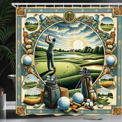 Ambesonne Golf Themed Shower Curtain, Hobby Concept Classicism Style Painting Effect Hills Sunrise, Cloth Fabric Bathroom Decor Set with Hooks, 69" W x 84" L, Fern Green Blue and Mustard