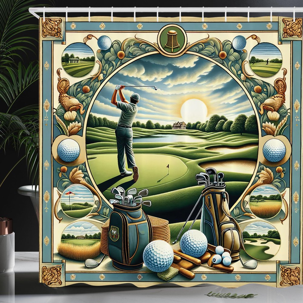 Ambesonne Golf Themed Shower Curtain, Hobby Concept Classicism Style Painting Effect Hills Sunrise, Cloth Fabric Bathroom Decor Set with Hooks, 69" W x 84" L, Fern Green Blue and Mustard
