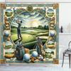 Ambesonne Golf Themed Shower Curtain, Hobby Concept Classicism Style Painting Effect Hills Sunrise, Cloth Fabric Bathroom Decor Set with Hooks, 69" W x 84" L, Fern Green Blue and Mustard view 3