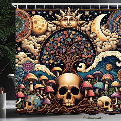 Ambesonne Abstract Fantasy Shower Curtain, Psychic Nature with Colorful Mushrooms Life of Death Tree, Cloth Fabric Bathroom Decor Set with Hooks, 69" W x 84" L, Pale Yellow and Multicolor