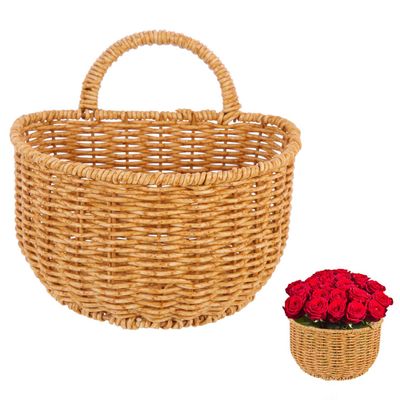 Unomor Imitation Woven Hanging Storage Basket with Handle Wall-Mounted Decorative Flower Holder Khaki, 7.08 X 6.10 X 5.11 Inches Iron and PP Material for Home Organization and Decoration