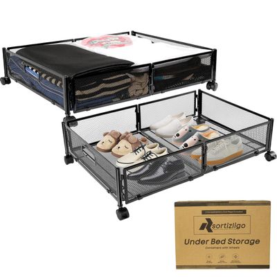 2pcs Large UnderBed Storage with Wheels - Sturdy Black Under Bed Storage with Wheels - Under the Bed Shoe Storage with Wheels of High-grade Steel  Can bare upto 25Kgs