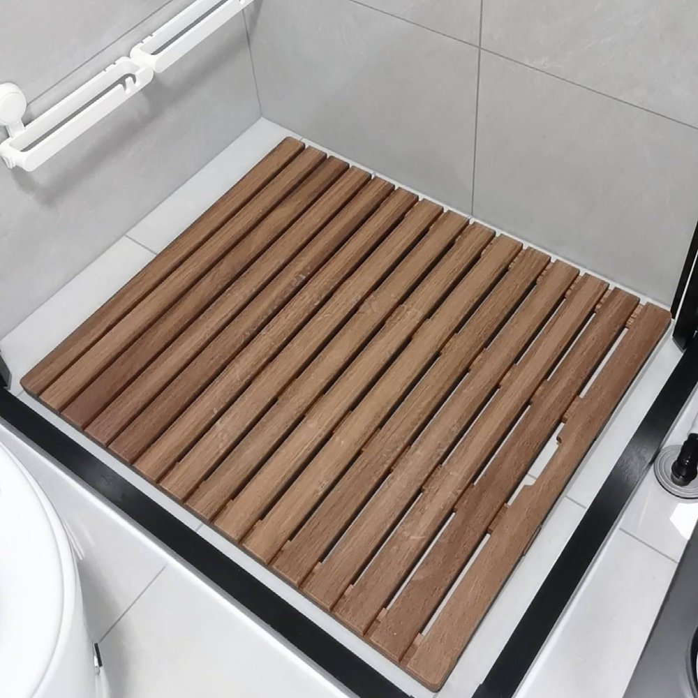 RESKIU Wooden Bath Shower Mat, Length Teak Solid Wood Shower Floor Mat with Anti-Slip Foot & with Center Drain Hole, for Inside Shower/Tiled Floor,26x26in(66x66cm)