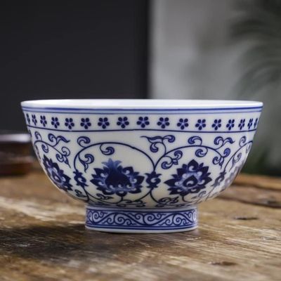 TEMKIN Chinese porcelain bowl Chinese Ancient Palace Style Porcelain Rice Bowl,porridge bowl,Soup Bowl13.8cm 5.5in Pottery Blue White porcelain bowl Rice Bowl porridge bowl Noodle bowl cutlery Bowl