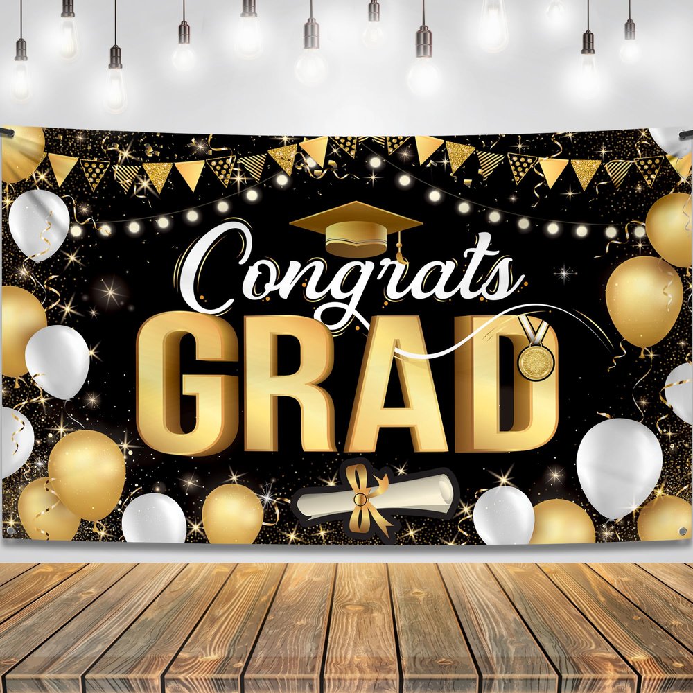 KatchOn, Black and Gold Congrats Grad Banner - XtraLarge, 72x44 Inch | Congrats Grad Backdrop for Grad Decorations Class of 2025 | Graduation Banner | Graduation Decorations 2025
