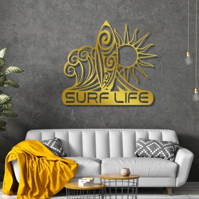 Metal Surfboard Wall Decor, Surfboard Metal Wall Art, Metal Wall Art Ocean, Surf Board Decor for Wall, Metal Surfboard Signs, Metal Wall Decor for Living Room, Holiday Gifts (19"x16" | 47x42cm, Gold)