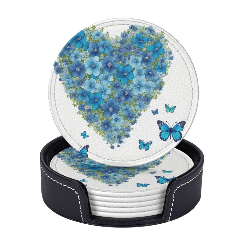 Blue Flowers with Love Heart Shape Print Coasters Leather Drink Coasters Set of 6 Heat Resistant Bar Coasters with Storage Case Round Cup Mat Pad for Living Room Kitchen Office Gift