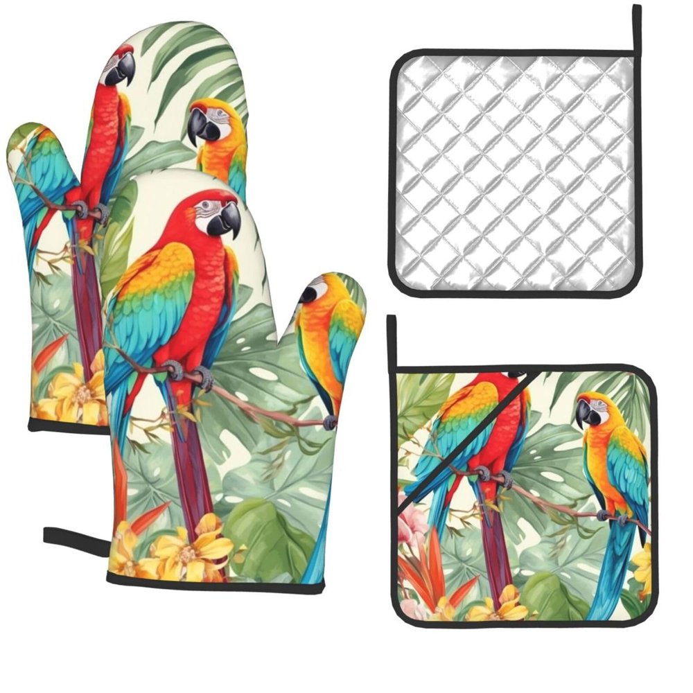 Tropical Plants and Parrots Oven Mitts and Pot Holders Set 4 Heat Resistant Oven Mitt Thicken Kitchen Oven Glove for Cooking Home Microwave Oven Gloves Non Slip Hot Pads for Baking BBQ