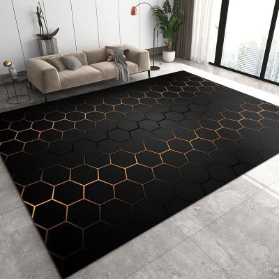 ERAYNA Black Gold Honeycomb Geometry Area Rugs, Black Hexagon Geometry Non-Slip Kids Rug, Upholstery Rug with Non-Slip Backing for Kids Boys Girls Bedroom Living Room Dining Room Study 6.6ftx5.3ft