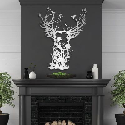 Yemwot Deer Tree Metal Wall Art, Metal Branchs Wall Decor, Deer Head Tree Decor, Nature View Art, Wildlife Farmhouse Hangings for Living Room Bedroom (18"x 24"| 48x62cm, Sliver)