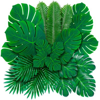 Decopom Palm Leaves Artificial Tropical Monstera 36Pack 6 Kinds Large Small Green Fake Palm Leaf with Stems