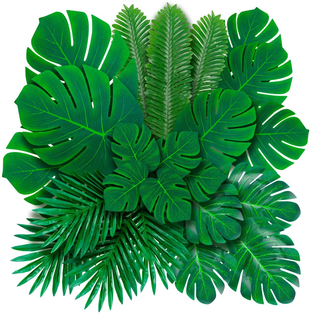 Decopom Palm Leaves Artificial Tropical Monstera 36Pack 6 Kinds Large Small Green Fake Palm Leaf with Stems