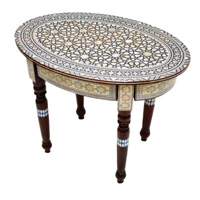 FAMA.store Morrocan Table Design Mother of Pearl Inlaid,Arabic Side Corner cofee Table for Living Room (Brown Oval)