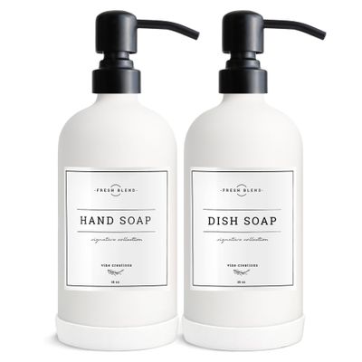 Vine Creations White Glass Soap Dispenser, 2 Pack Kitchen Soap Dispenser Set with Stainless Steel Pump, 16 oz Dish Soap and Hand Soap Dispensers for Bathroom with Waterproof Labels