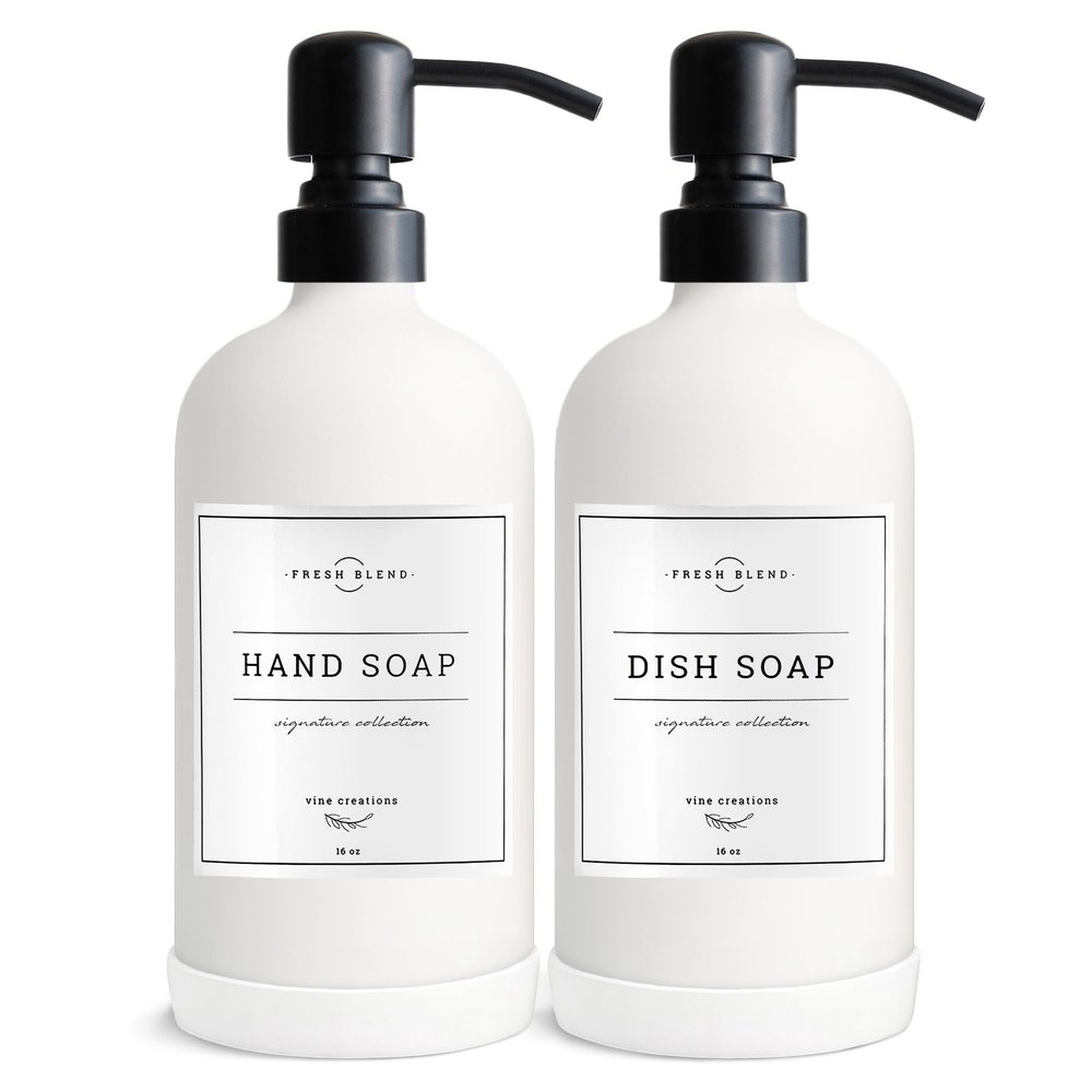 Vine Creations White Glass Soap Dispenser, 2 Pack Kitchen Soap Dispenser Set with Stainless Steel Pump, 16 oz Dish Soap and Hand Soap Dispensers for Bathroom with Waterproof Labels