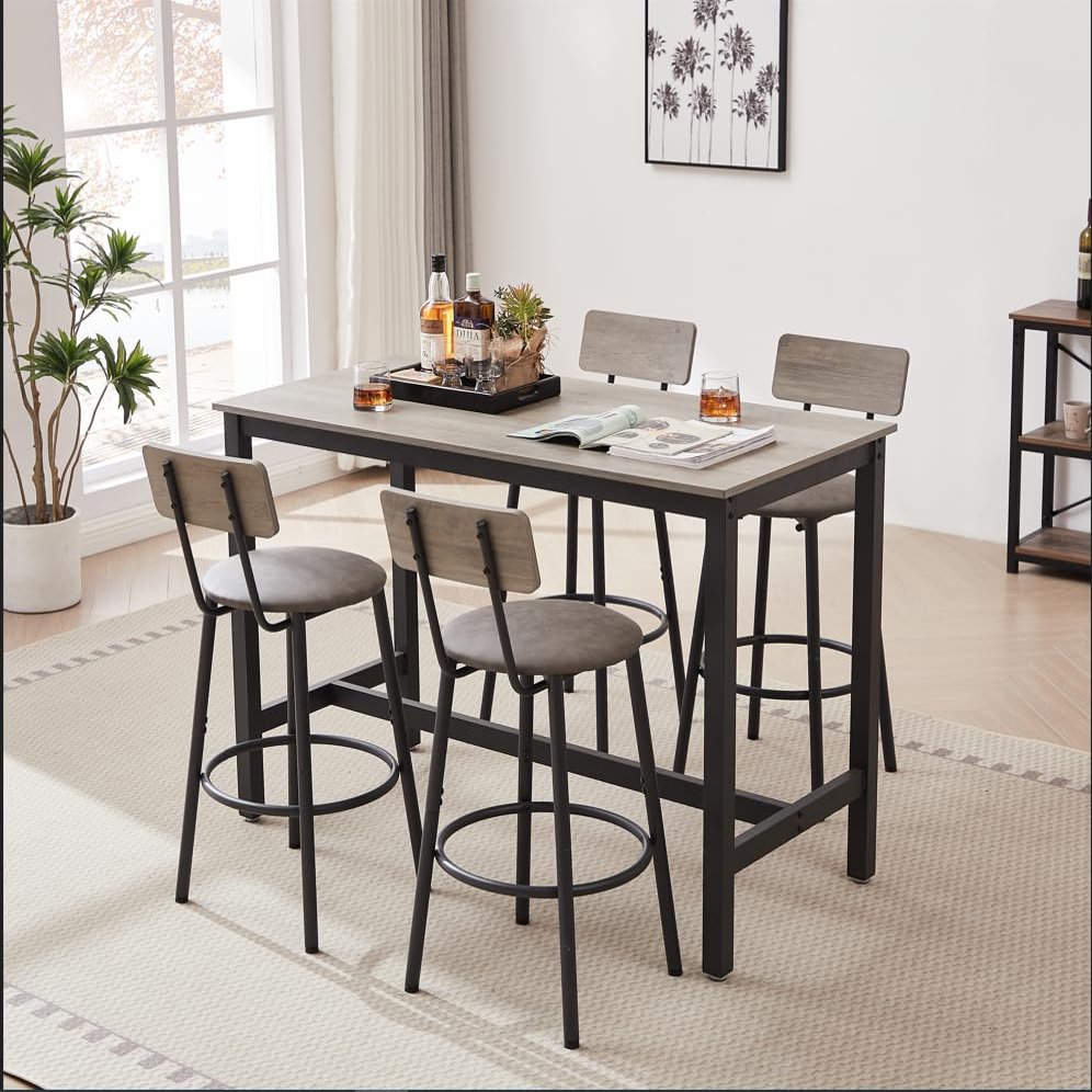 Hlcodca Bar Dining Table Set, Kitchen Counter Height Table & 4 Pu Leather Upholstered Stools with Backrest Space-Saving Dining Room Table Set for Small Space (Grey/Bar Table Set)