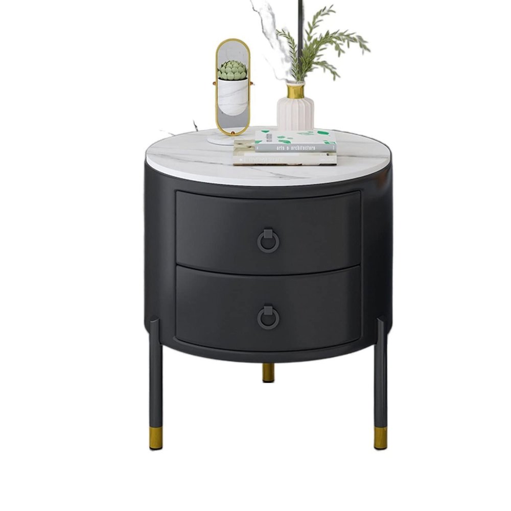 WAOCEO Side Table Small Side Table with 2 Drawers, Bedside Furniture, Night Stand, End Table with Gold Frame for Bedroom,Living Room, Round Coffee Table Cocktail Table End Table (Color : Black)
