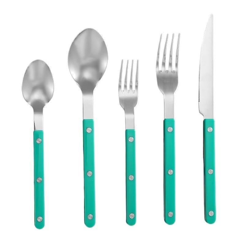 WHIERGGIN Silverware Set, 5/20/30/40 Pieces Household Steak Cutlery Set Stainless Steel Cutlery Knife, Fork And Spoon (Color : Green, Size : 1Set-5Pcs)
