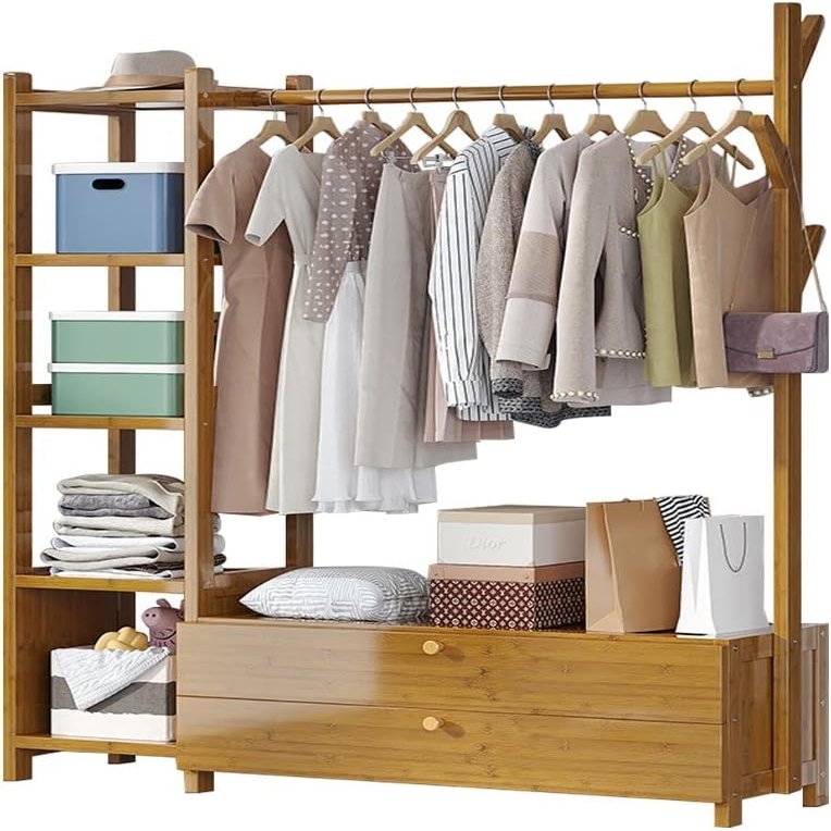 Clothes Rack, Bamboo Coat Rack on Feet with Bar and 3 Layer Shelves, Cloakroom Wardrobe Load 100kg, for Bedroom Entrance Rustic Brown 85x29x158cm