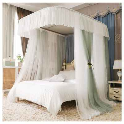 U-Shaped Rail Canopy Curtain Bed Frame Double Layer Mosquito Net Bed Frame Curtain Brackets Canopy Bed Frame Post Poles with Curtain for Bedroom Decoration,Pink,King, Full, Green