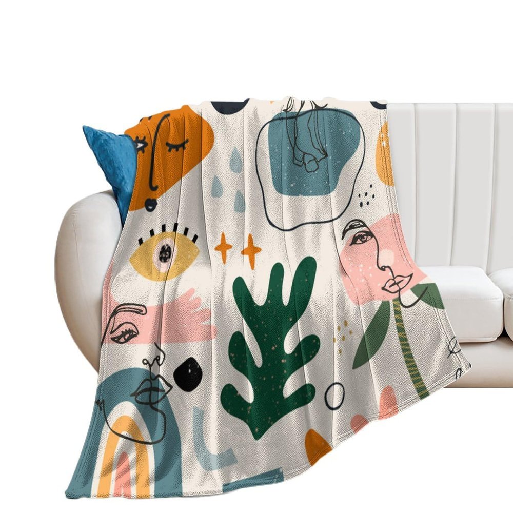 Brebasf Watercolor Boho Woman Face Blankets Soft Blanket Modern Abstract Art Plants Leaves Florals Blanket for Bedroom Sofa Throw-70W x80L