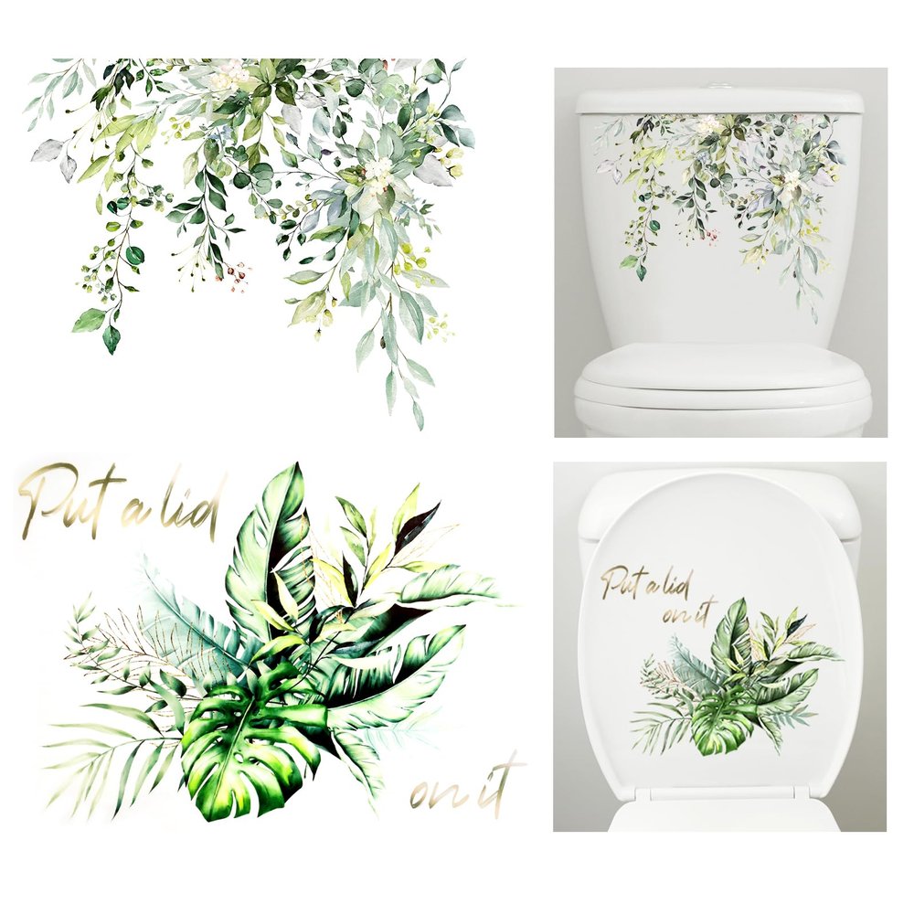 Fumwase 2pcs Toilet Tank and Seat Stickers Set with Different Patterns Self-Adhesive Green Leaf Removable Toilet Stickers Decals Waterproof Toilet Lid Decals for Bathroom Wall Decor